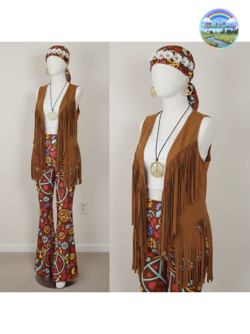 Women's 60s 70s Hippie Costume Set Fringe Vest Boho Pants 7 Pieces